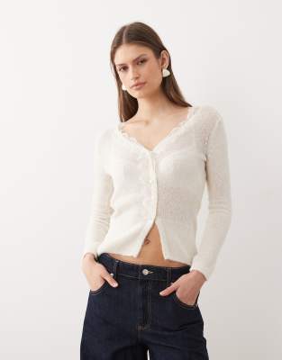 Mango - Gilet à col V en dentelle - Crème-Neutre
