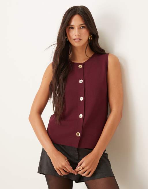 Mango - Gilet accollato in maglia color bordeaux con bottoni dorati