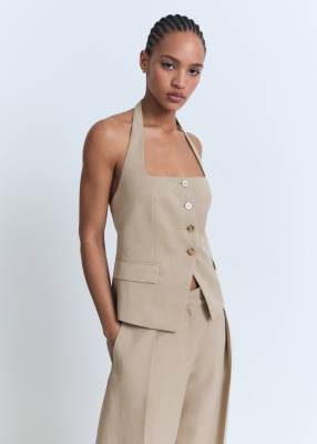 Mango - Gilet allacciato al collo sartoriale in misto cotone color pietra in coordinato - view 1