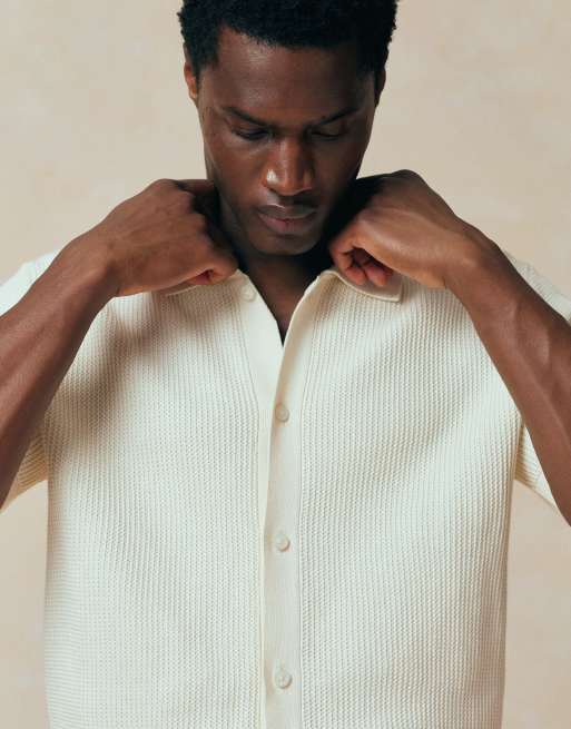 Mango - Gilet boutonné en maille de coton gaufrée - Écru, 4 de 5