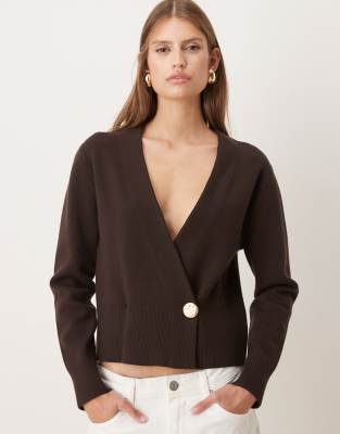 Mango - Gilet cache-caur en maille compacte à bouton doré - Marron-Brown