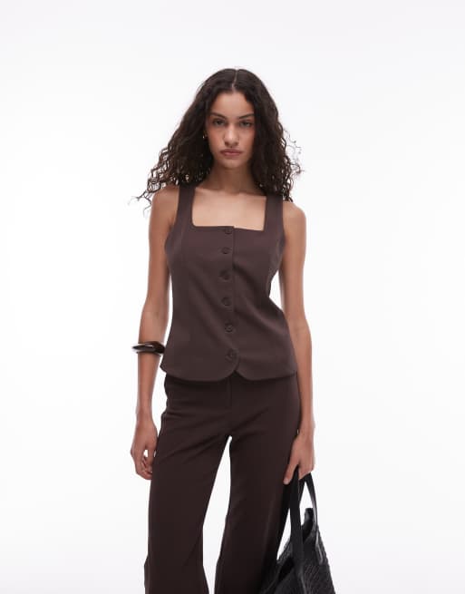 Mango - Gilet color cioccolato con scollo quadrato in coordinato