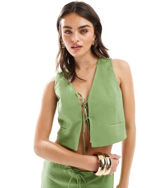 Mango - Gilet de costume d'ensemble en lin mélangé avec liens devant - Vert clair