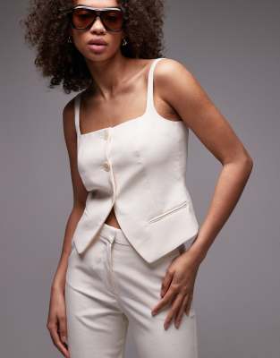 Mango - Gilet de costume d'ensemble en tissu aspect lin à encolure carrée - Beige-Neutre