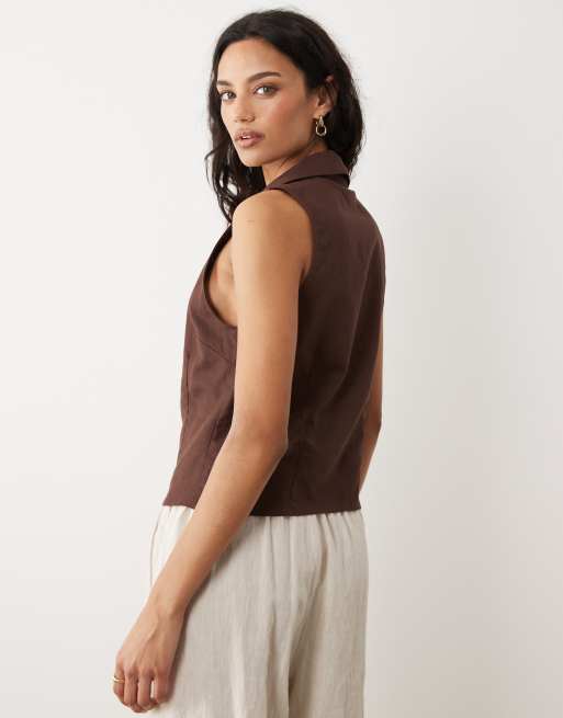 Mango - Gilet de costume en lin mélangé avec liens noués sur l'avant - Marron, 2 de 4