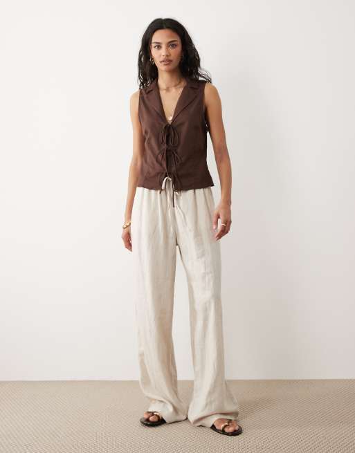 Mango - Gilet de costume en lin mélangé avec liens noués sur l'avant - Marron, 3 de 4