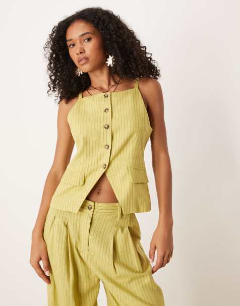 Mango - Gilet de tailleur d'ensemble à col montant - Jaune rayé - view 1