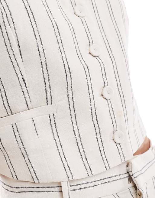 Mango - Gilet de tailleur d'ensemble à rayures en lin mélangé - Blanc, 3 de 4