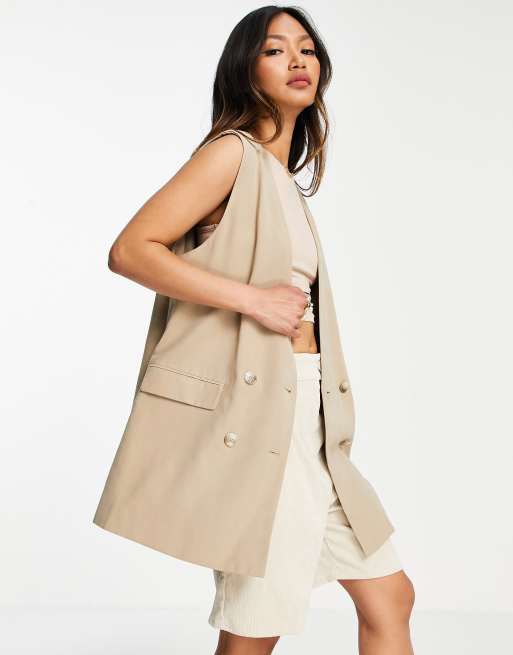 Mango - Gilet doppiopetto sartoriale senza maniche, color cammello in coordinato