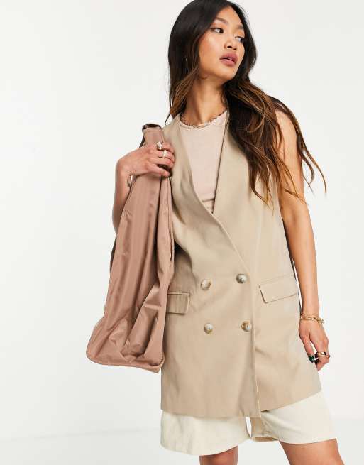 Mango - Gilet doppiopetto sartoriale senza maniche, color cammello in coordinato, 3 di 4