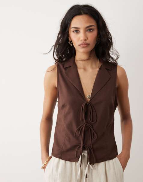 Mango - Gilet marrone in misto lino allacciato sul davanti - view 1