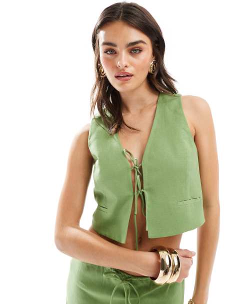 Mango - Gilet van linnenmix met gestrikte voorkant in lichtgroen, deel van co-ord set - view 1