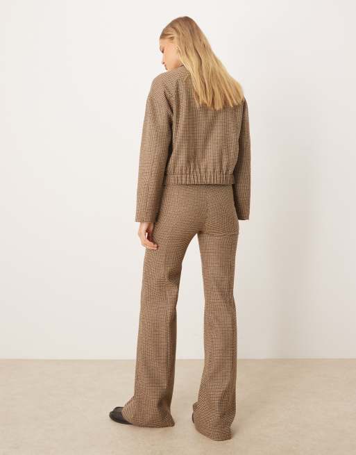 Mango Gina wool mix high waist pleat front trouser co-ord in brown check, 4 of 5