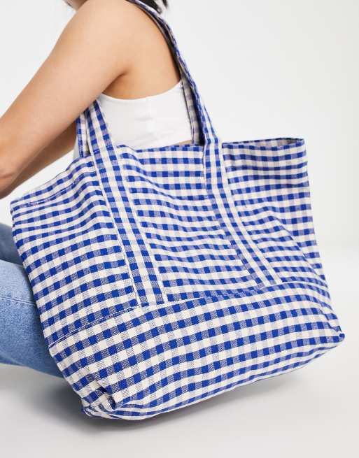 Mango gingham check shopper bag in blue