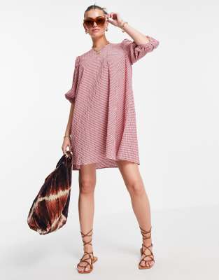 Mango gingham smock dress with puff sleeves in red