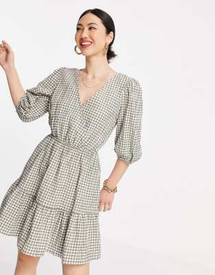 Mango gingham wrap dress in beige-Neutral