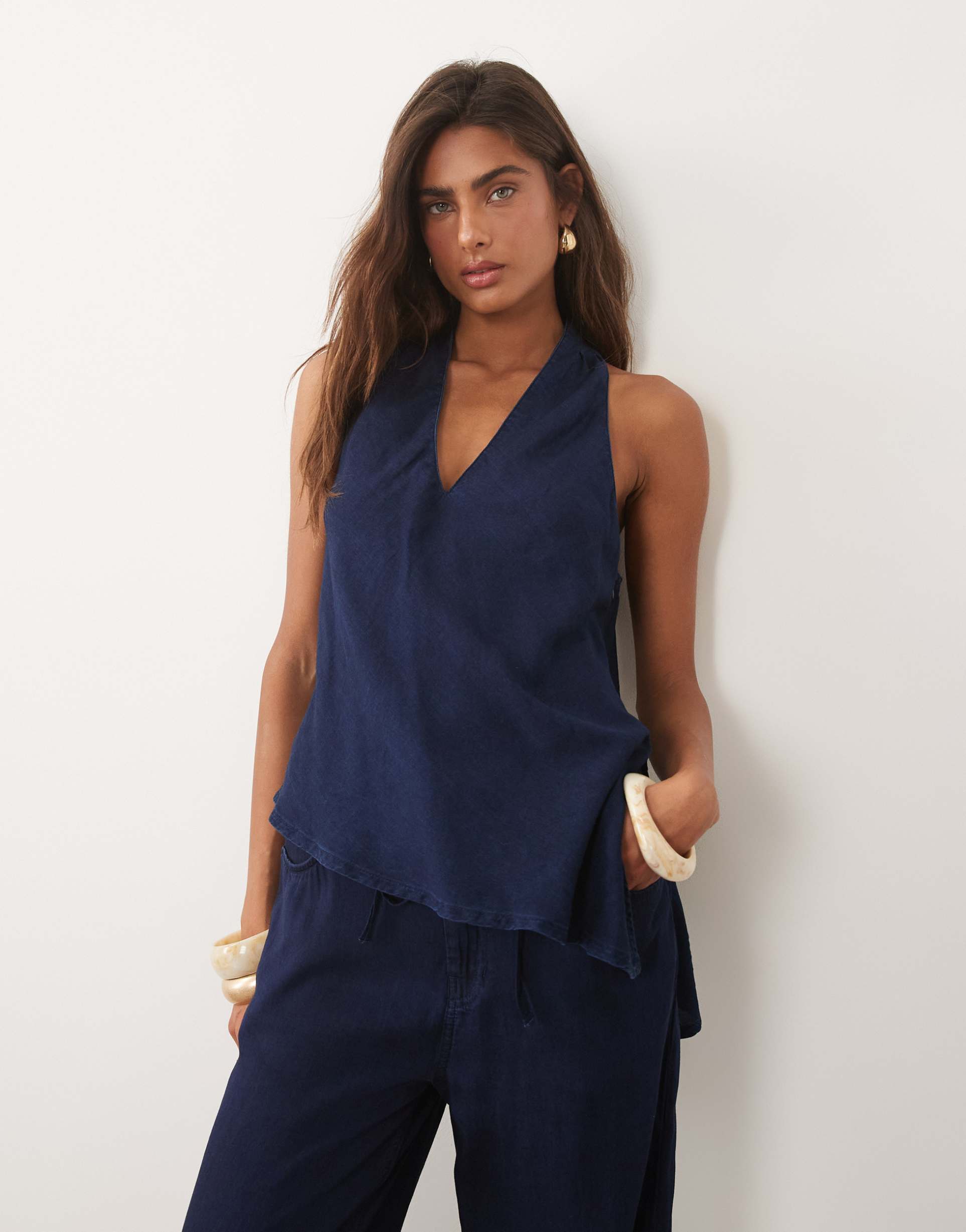 mango giselle halterneck denim top in indigo - part of a set
