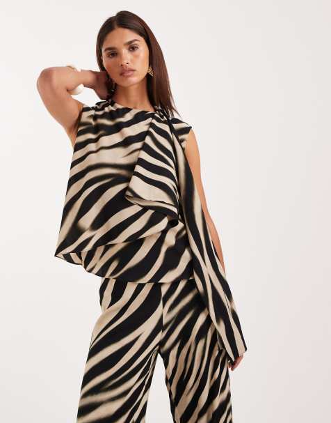 Mango Glaciar chiffon short sleeve blouse with scarf detail in zebra print - part of a set - view 1