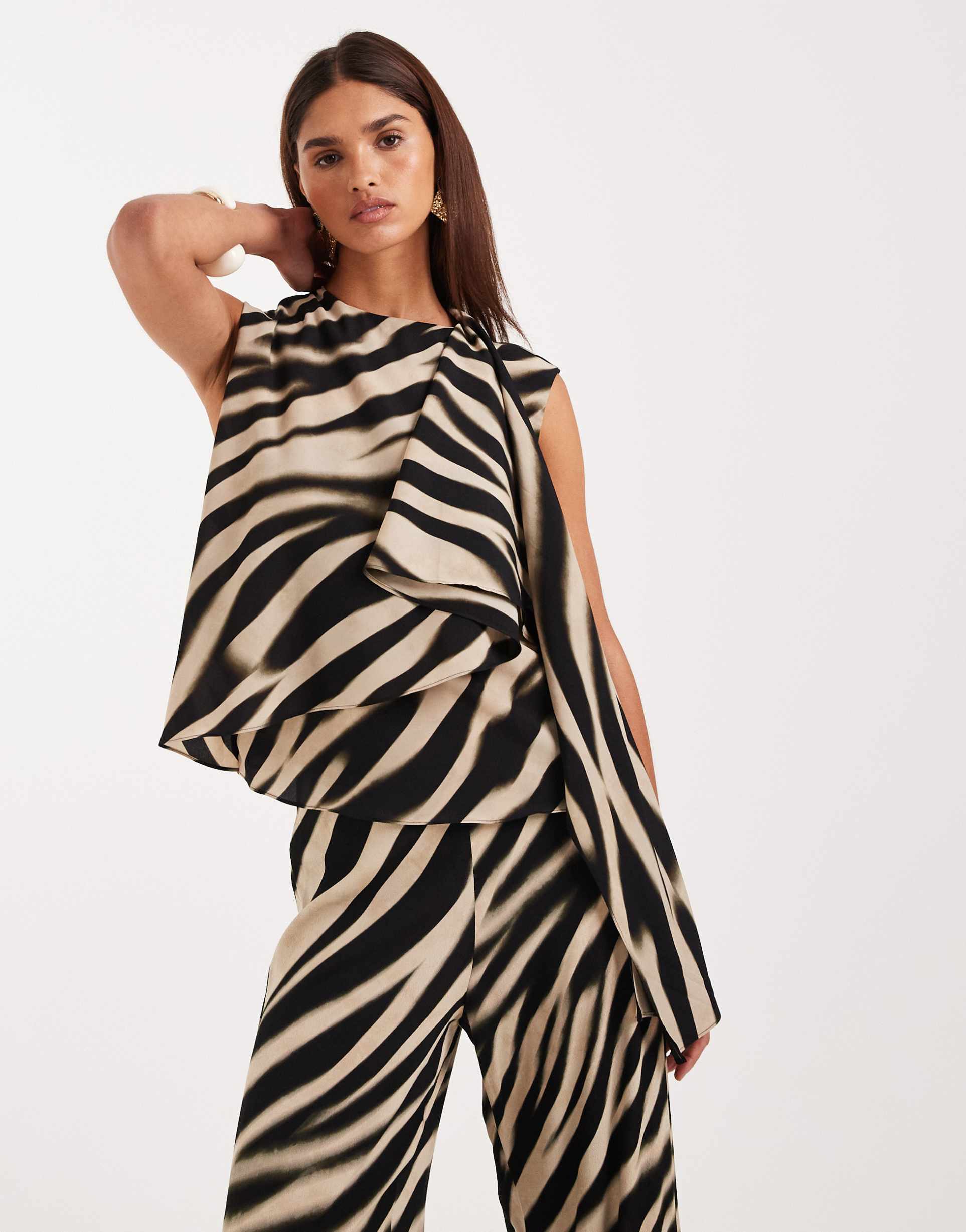 mango glaciar chiffon short sleeve blouse with scarf detail in zebra print - part of a set