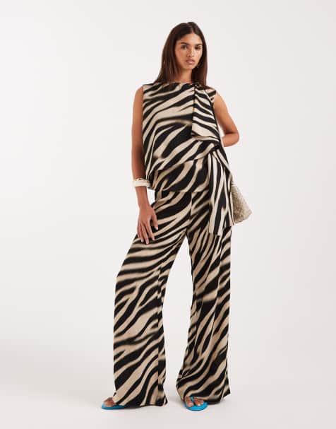 Mango Glaciar chiffon short sleeve blouse with scarf detail & pants set in zebra print - view 1