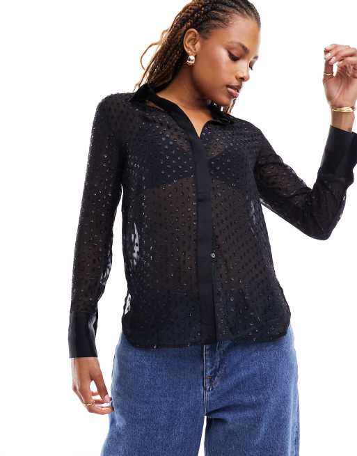 Plus Size Black Rhinestone Collar Button Down Top