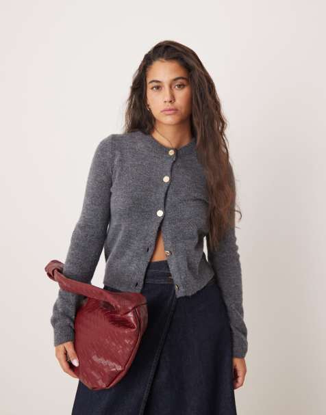 Mango gold button fluffy cardigan in grey - view 1