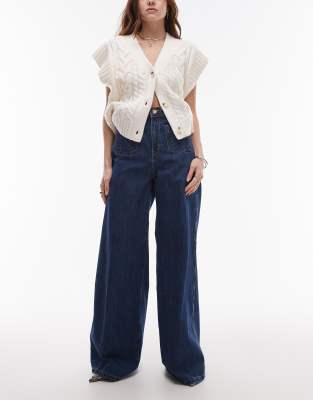 gold button wide leg jean in dark blue