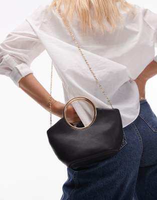 Mango gold metal handle bucket bag in black