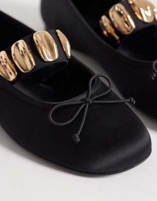 Mango Gold Statement Strap Ballet Pumps In Black