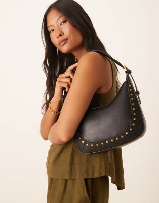 Mango Mango gold stud detail shoulder bag in black