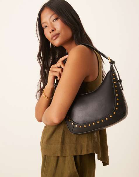 Mango gold tone stud detailing shoulder bag in black - view 1