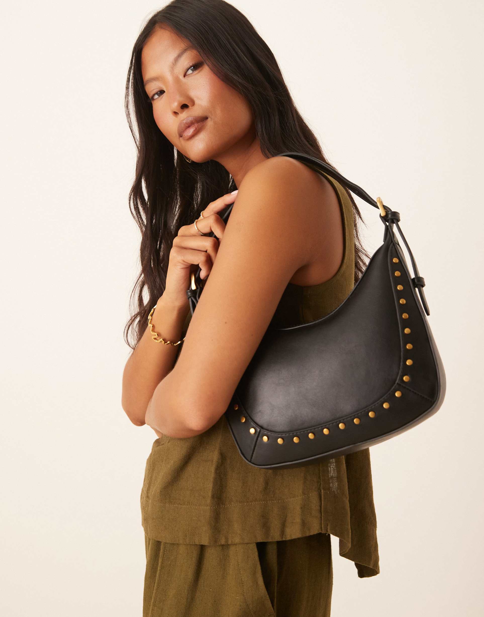 mango gold tone stud detailing shoulder bag in black