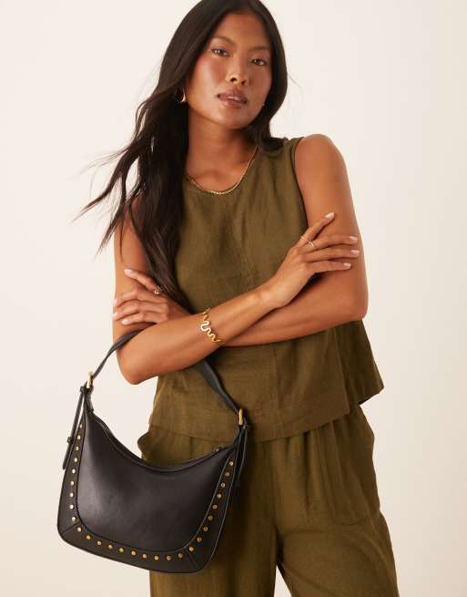 Mango gold tone stud detailing shoulder bag in black