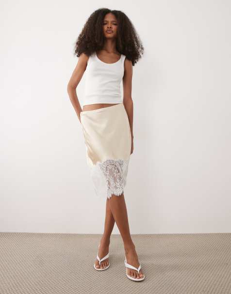 Mango - Gonna al ginocchio in raso e pizzo beige - view 1