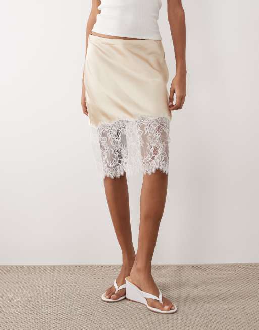 Mango - Gonna al ginocchio in raso e pizzo beige, 2 di 5