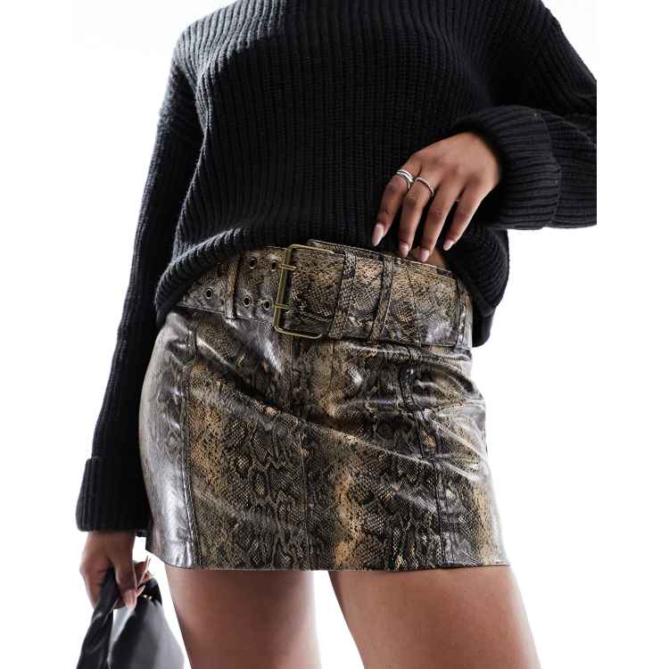 Mango Gonna in pelle sintetica marrone pitonata ASOS