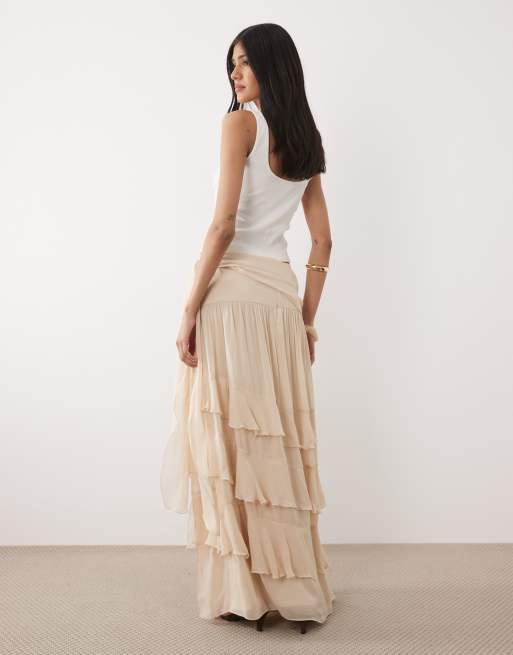 Mango - Gonna lunga a balze allacciata in vita beige, 5 di 5