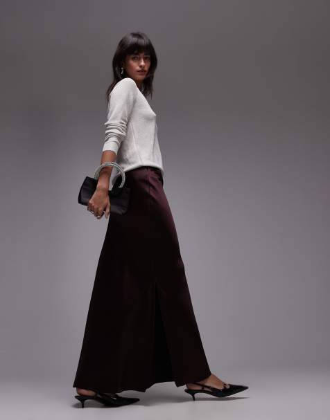 Mango - Gonna lunga in raso bordeaux con spacco laterale - view 1