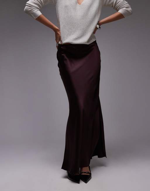 Mango Gonna lunga in raso bordeaux con spacco laterale ASOS