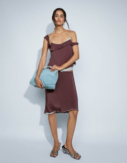Mango gonna midi a due strati coordinato in marrone e azzurro, 2 di 10