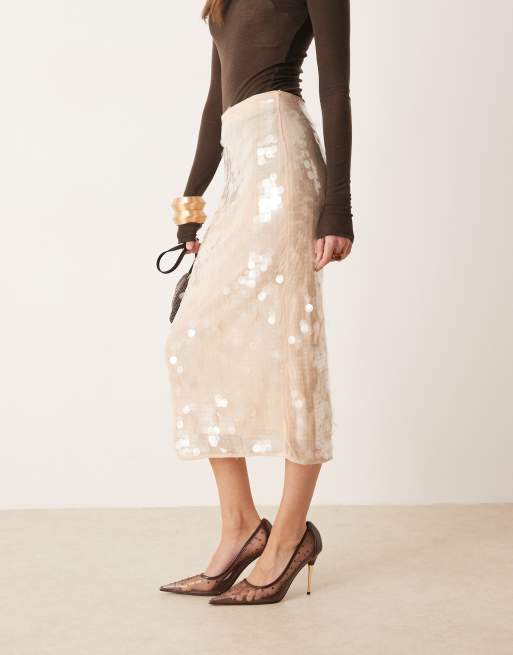 Mango - Gonna midi beige con paillettes, 2 di 5
