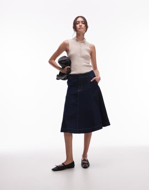 Mango - Gonna midi in denim color blu scuro a pieghe - view 1