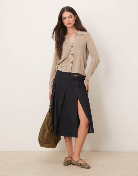 Mango - Gonna midi in denim color blu scuro a pieghe - view 1