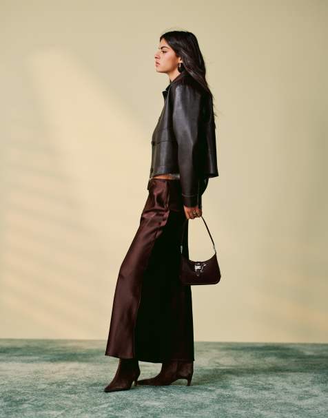 Mango - Gonna midi in raso marrone - view 1