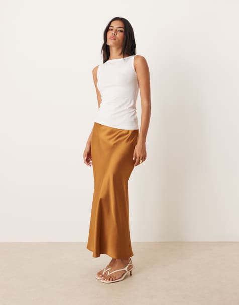 Mango - Gonna midi in raso marrone - view 1