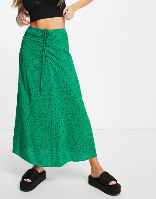 Mango - Gonna midi verde a pois con dettaglio arricciato