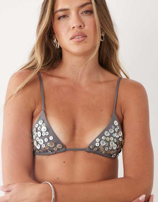 Mango – Grå bikiniöverdel med knäppning och utsmyckning, 3 av 4