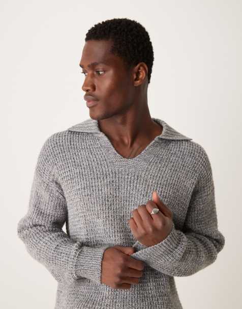 Mango - Grå sweater i chunky strik med V-hals og bred krave - view 1