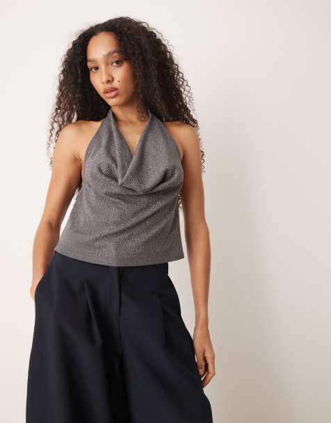 Mango – Grå topp med halterneck, draperad detalj och strass - view 1