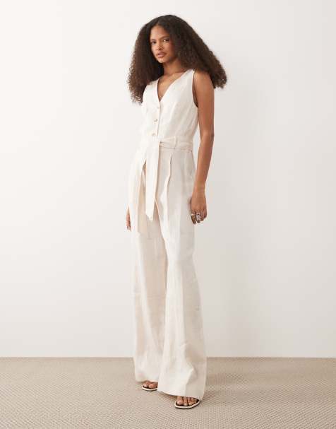 Mango – Gräddvit jumpsuit i linne med halterneck och knytning i midjan - view 1